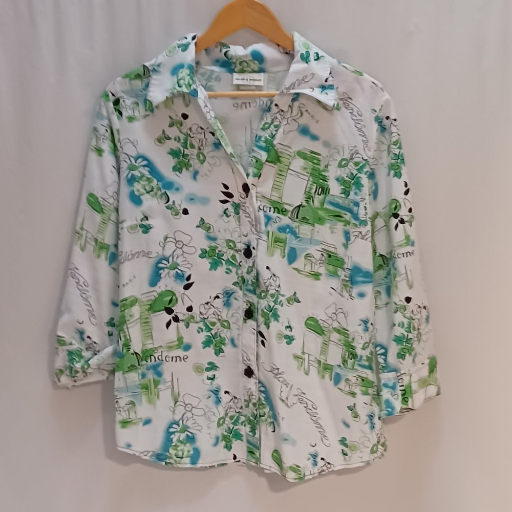 Shirt, Sarah b woman White with patterns -size 1x- summer blouse